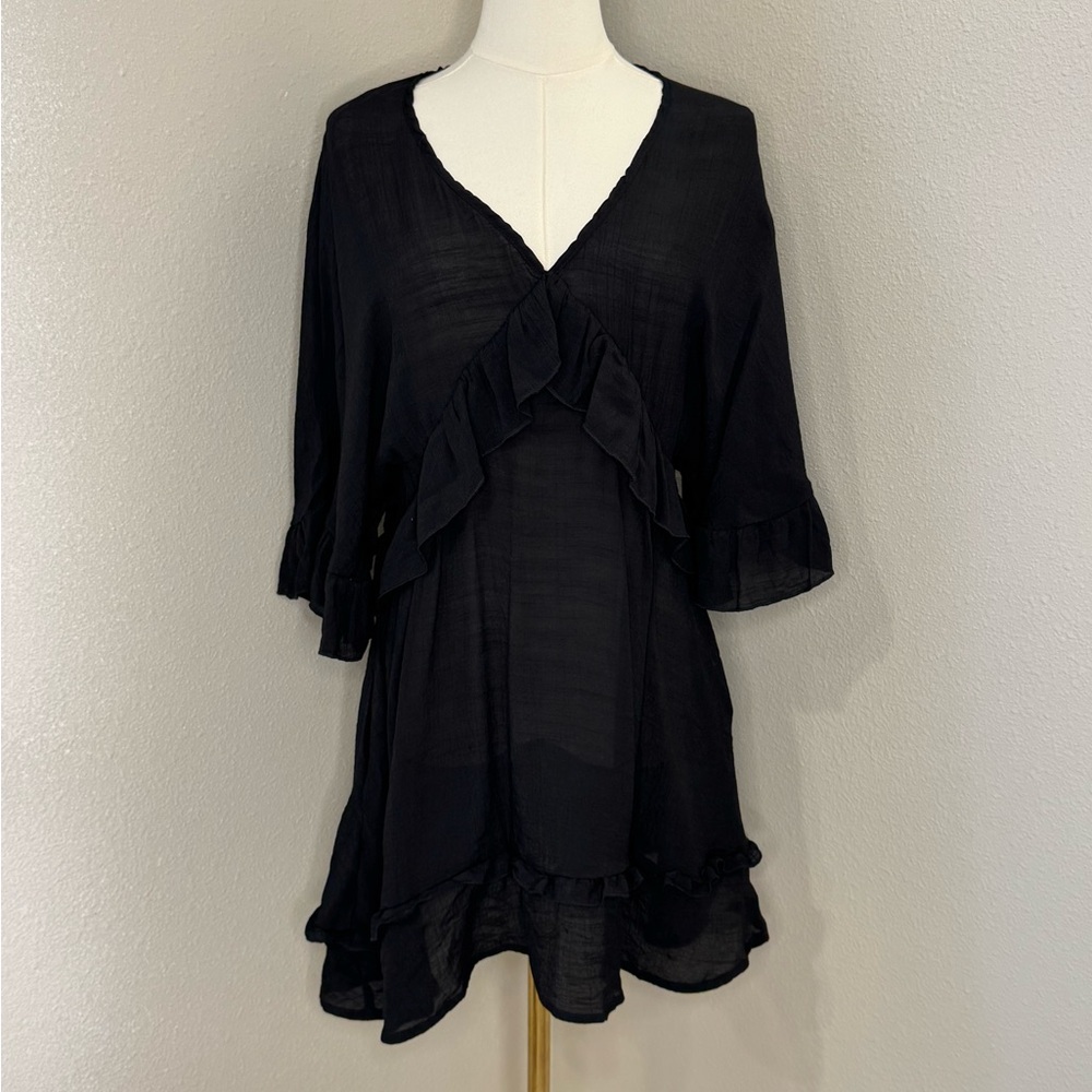 Black Sheer Swim Cover Up Small Ruffle V Neck Beach Dress NWT